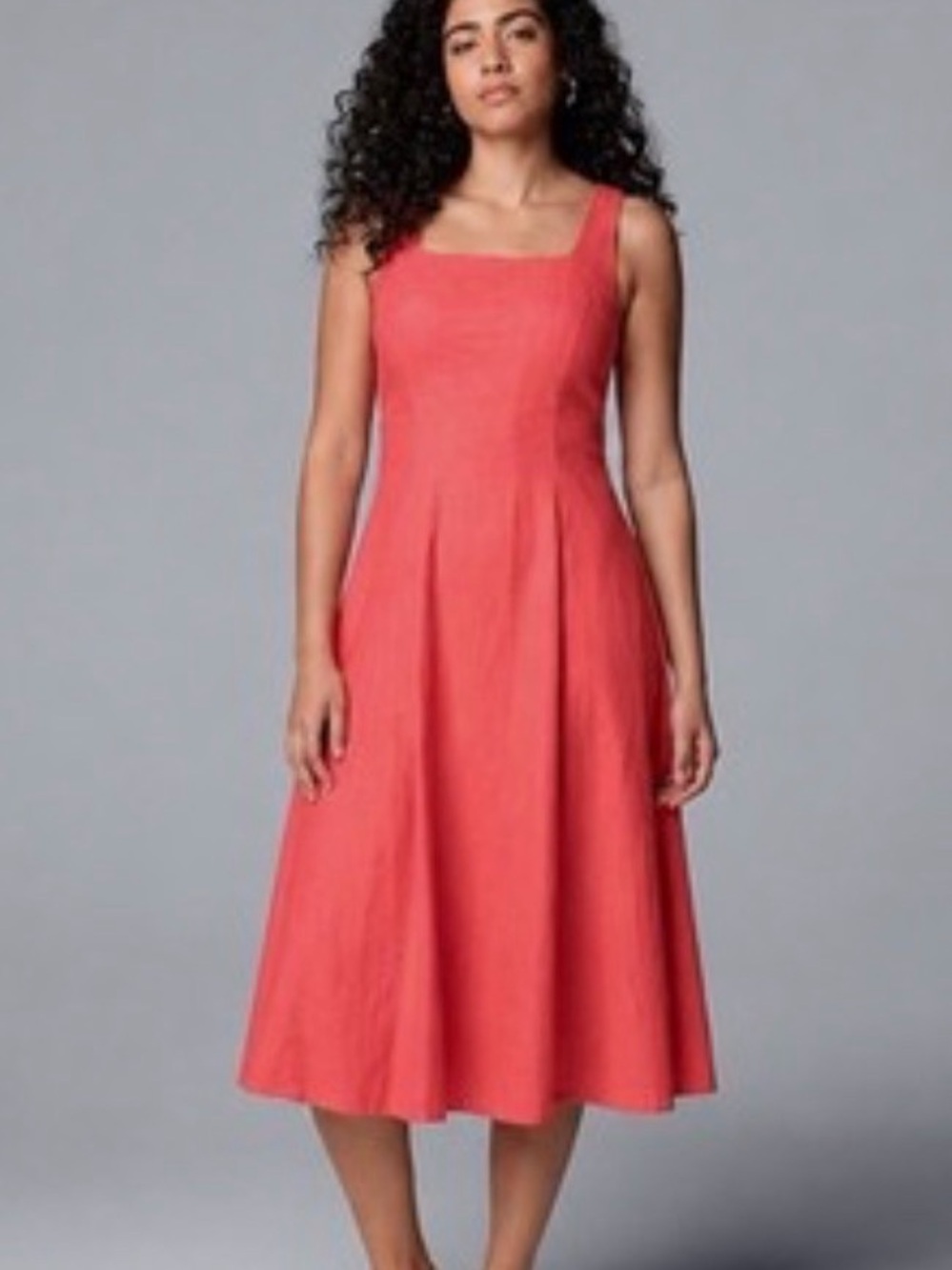 Vera Wang Coral Square-Neck Midi Linen Dress